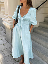 Tie Up Waisted Puff Sleeve Maxi Dress