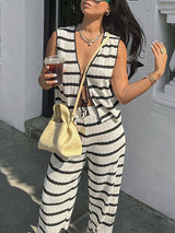 Striped Knitted Vest Long Pants Set