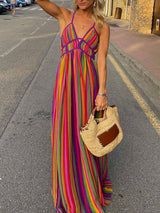 Cross-strap Rainbow Stripe Maxi Dress