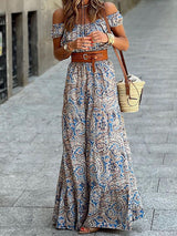 Off Shoulder Belt Maxi Bohemian Dress