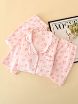 3Pcs Summer Pink Heart Print Pajamas Set