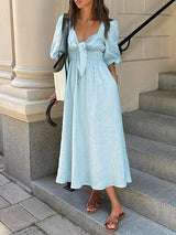 Tie Up Waisted Puff Sleeve Maxi Dress