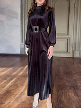 Velvet Pleated Belt Black Maxi Dress