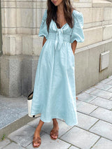 Tie Up Waisted Puff Sleeve Maxi Dress