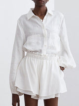 Lined Solid Shirt Ruffle Hem Shorts Set