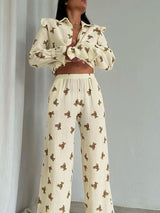 Bear Print Button Lapel Shirts & Pant Set