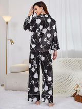 Satin 2Pcs Bicolor Rose Print Pajama