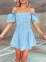 Puff Sleeve Sqaure Neck Denim Mini Dress