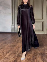 Velvet Pleated Belt Black Maxi Dress