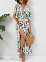 V Neck Batwing Sleeve Floral Maxi Dress