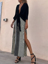 Tie Up Top Stripe Split Maxi Skirt Set