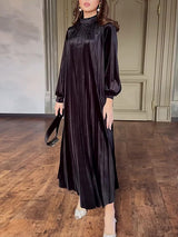 Velvet Pleated Belt Black Maxi Dress