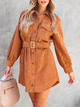 Corduroy Belt Button Down Mini Dress