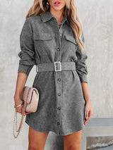 Corduroy Belt Button Down Mini Dress