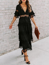 Lace Patchwork V Neck Maxi Dress