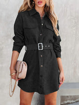 Corduroy Belt Button Down Mini Dress