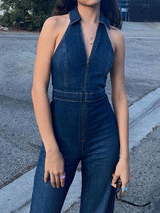 V Neck High Waist Denim Jumpsuit