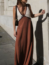 V Neck Contrast Color Maxi Dress