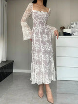 Long Sleeve Square Neck Lace Maxi Dress