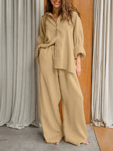 Solid Color Cotton Shirt & Long Pant Set