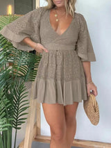 V Neck Lace Patchwork Bat Sleeve Mini Dress