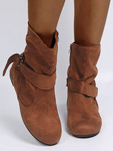 Solid Color Buckle Flat Ankle Boots