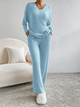 Ribbed Knit 2Pcs V Neck Lounge Set