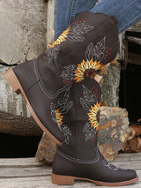 Vintage Embroidered Block Heel Mid-Calf Boots