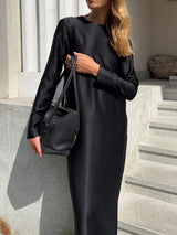 Solid Color Long Sleeve Slit Satin Maxi Dress