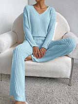 Ribbed Knit 2Pcs V Neck Lounge Set