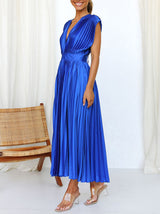 Sleeveless V Neck Pleated Maxi Dress