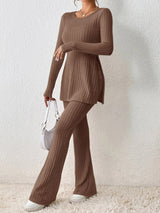 2Pcs Ribbed Knit Split Lounge Set