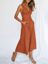 V Neck Hollow Pleated Wide Leg Jumpsuits