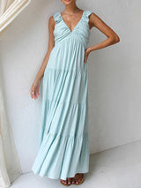 Ruched Sleeveless Solid Tiered Maxi Dress