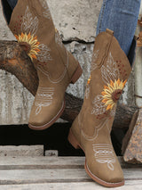 Vintage Embroidered Block Heel Mid-Calf Boots