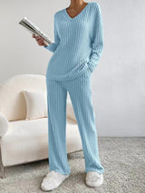 Ribbed Knit 2Pcs V Neck Lounge Set