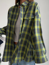 Lapel Long Sleeve Color Block Plaid Shirt