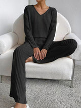 Ribbed Knit 2Pcs V Neck Lounge Set