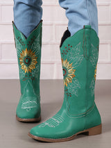 Vintage Embroidered Block Heel Mid-Calf Boots