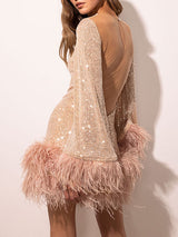 Sequin Feather Backless Mini Dress