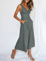 V Neck Hollow Pleated Wide Leg Jumpsuits