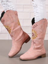 Vintage Embroidered Block Heel Mid-Calf Boots