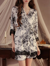 Kafiloe Floral Print Satin Lace Nightgown