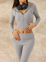 Zip Up Crop Hoodie Ribbed Knit Set