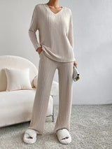 Ribbed Knit 2Pcs V Neck Lounge Set