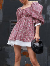 Square Neck Puff Sleeve Flower Mini Dress