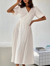 V Neck Puff Sleve Tie UP Maxi Dress