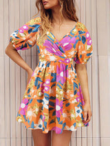 V Neck Flower Print Lantern Sleeve Mini Dress