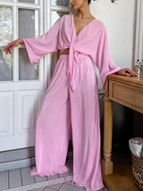 V Neck Tie Up Top & Long Pant Lounge Set