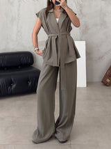 Sleeveless Tie Up Cardigan & Long Pant Set